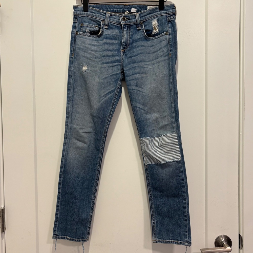 Rag & Bone JEAN Tomboy Distressed Striped Patch Straight‎ Leg Jeans Blue Size 26